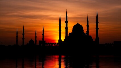 Mosque Silhouette Against a Fiery Sunset with Water Reflection Islamic architecture