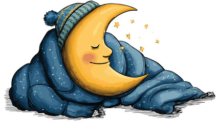 Cute Cartoon Moon Wrapped in Warm Blanket - Vector Illustration