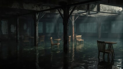 Eerie flooded room with chairs in dim light.