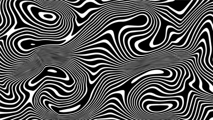 Black and white lines create a hypnotic rhythm, as if the space were vibrating. Optical waves collide and intertwine, creating the illusion of pulsation.