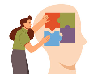Mental Health Care Concept. Woman arranging jigsaw puzzle in human head. Correction in thinking. Flat vector illustration.