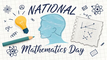 National Mathematics Day layout with graph paper, doodles and equations.
