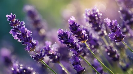 Obraz premium Close-up View of Lavender Flowers with Water Drops in a Colorful Garden Scene at Sunrise with Soft Bokeh Background Effect