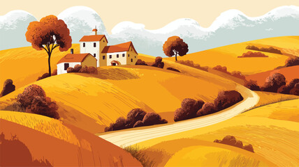 Serene Countryside Farm Landscape with Rolling Hills Vector Illustration
