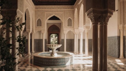 Obraz premium Elegant Moroccan Courtyard with Fountain and Arches.