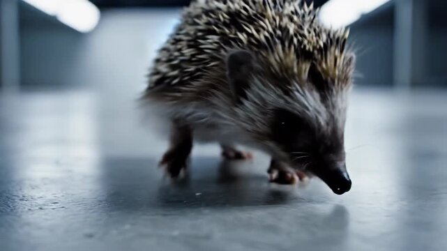 A curious hedgehog with sharp spines walks cautiously across a sterile, dimly lit floor.
