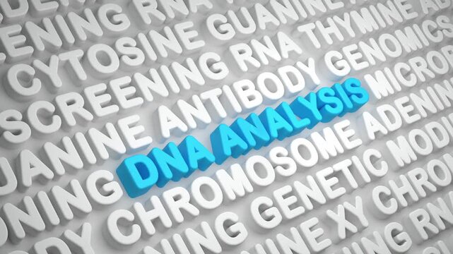 DNA analysis, XY chromosome, RNA, antibody, genetic, biotechnology, word cloud. DNA sequence, phosphate, amino acids, biosynthesis, code, science, screening. 3D animation