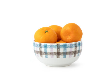 Delicious peeled ripe mandarin oranges in a bowl isolated on white background. Tropical fruits