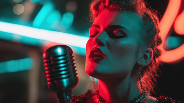 Sultry Singer Performing Under Neon Club Lights