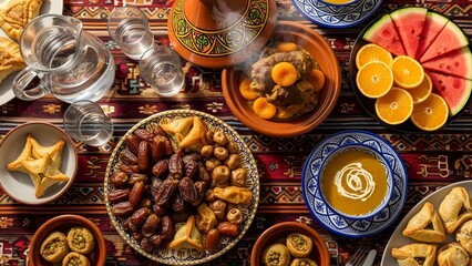 Overhead view of a Moroccan Iftar table laden with dates, pastries, fruit, and tagine