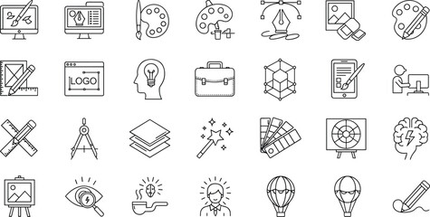 Creative design and graphic art line icon set featuring illustration tools branding concepts visual creativity workflow and digital design process symbols vector