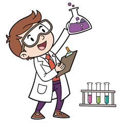 Fototapeta premium Smiling young boy in lab coat examines flask with purple liquid happily