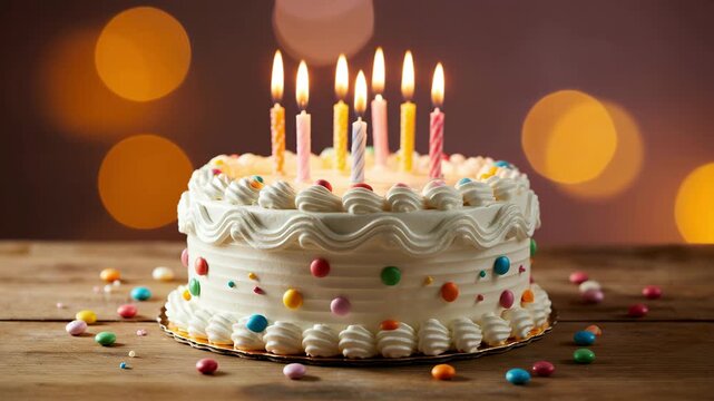 Beautiful birthday cake with lit candles on wooden table with colorful candy