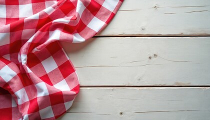 Naklejka premium Red and white checkered fabric drapes over light wood planks. This classic pattern evokes picnics, kitchens, and rustic dining. Useful for food blogs, summer events, or country decor themes.