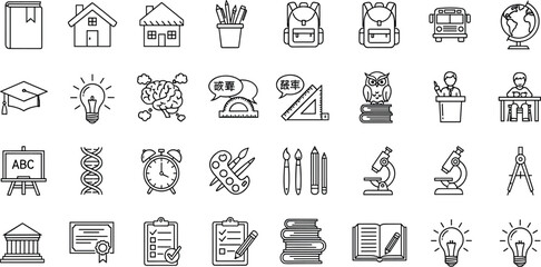 Education and school learning line icons set featuring books, classrooms, creativity tools, science symbols, academic subjects, teaching elements and student activities © Hanif World