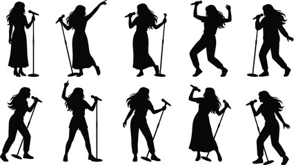 Female singer silhouette collection featuring dynamic singing poses with microphone stage performance music concert and vocal artist vector set
