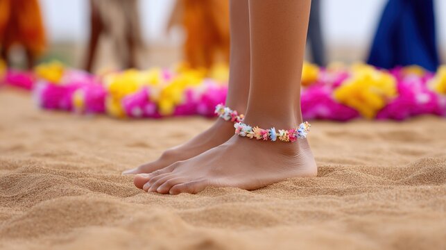 Bare Feet with Floral Anklets on Beach