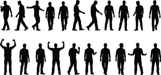 Male human silhouette pose collection featuring walking standing gesturing and expressive body language figures for people motion design vector © Hanif World