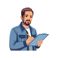 Young man writing on clipboard looks forward, portraying focus and professionalism for a job