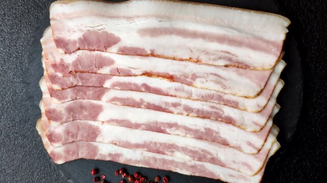 Raw smoked bacon slices, ham, jamon, or prosciutto strips for cooking. Raw bacon slices