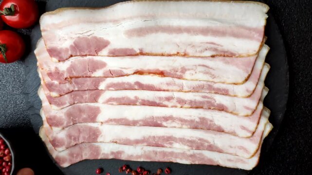 Raw smoked bacon slices, ham, jamon, or prosciutto strips for cooking. Raw bacon slices