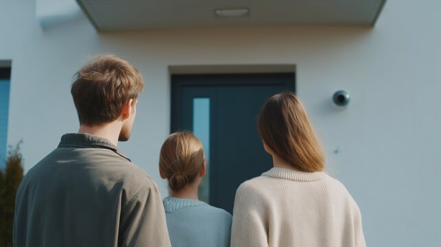 Family, including parents and child, standing with their back to the viewer, looking at the front door of a contemporary white house with a security camera, symbolizing moving into a future home