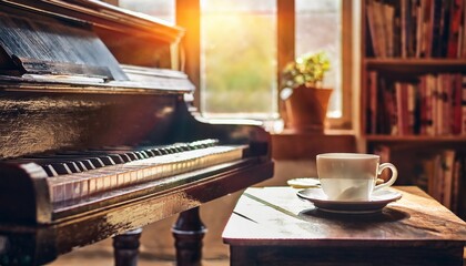 vintage piano in a cozy study filled with old books and warm sunlight a cup of coffee on a table for a creative break music and learning concept