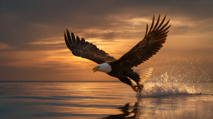 Fototapeta premium Majestic bald eagle swooping over shimmering water during stunning sunset