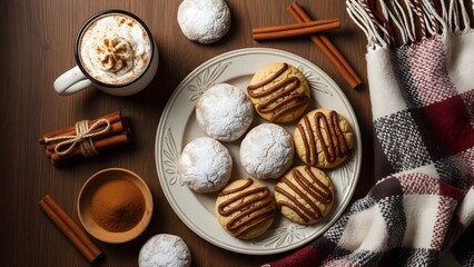 Overhead View of Holiday Cookies, Hot Chocolate and Cinnamon Sticks Keywords: cookies, holiday, Christmas, festive, baking, sweet, dessert, treat