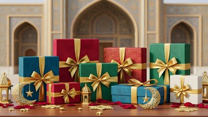 Ramadan Gift Boxes with Crescent Moons and Lanterns in Front of Mosque Architecture
