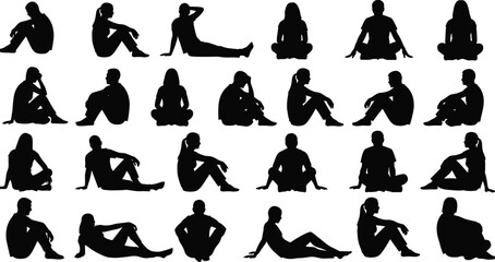 Seated human silhouette pose collection featuring relaxed sitting positions body language gestures and resting people figures for design vector © Hanif World