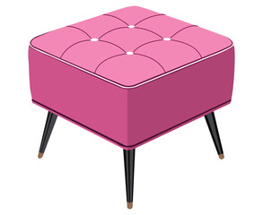 A vibrant pink ottoman with button tufting and elegant tapered legs