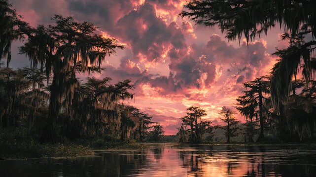 Ultra HD Dramatic sunset over louisiana swamp with cypress trees and spanish moss reflected in water video