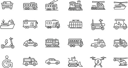 Transportation and public service line icon set featuring vehicles transit emergency delivery mobility and urban travel symbols outline vector