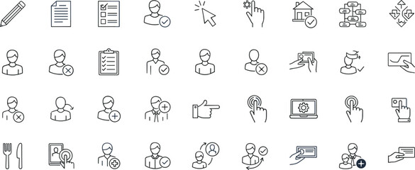User interface and interaction line icon set featuring profile management selection actions approval navigation workflow and digital control symbols vector