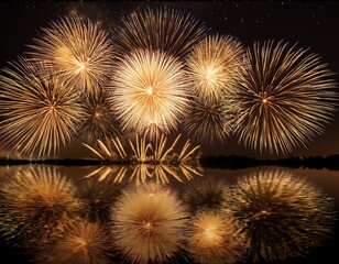 stunning display of golden fireworks exploding in the night sky over a reflective surface
