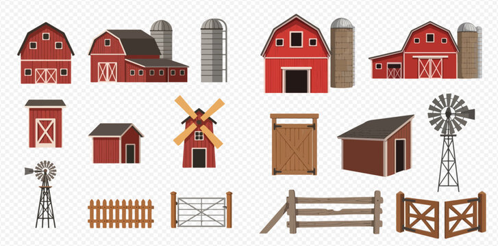Set of various farm buildings, barns, silos, windmills, fences, and gates for agricultural design.