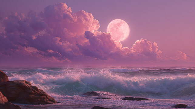A mesmerizing view of the ocean, with the moon and clouds in a violet tone, creating a calming atmosphere. A wonderful view to represent a feeling or moment