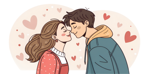 Sweet romantic couple sharing a gentle kiss, expressing love and connection. Cute Valentine’s Day illustration, isolated on transparent background.