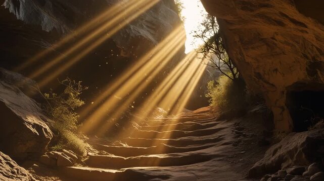 Sunlight beams through a narrow canyon with rugged rock formations and sparse vegetation