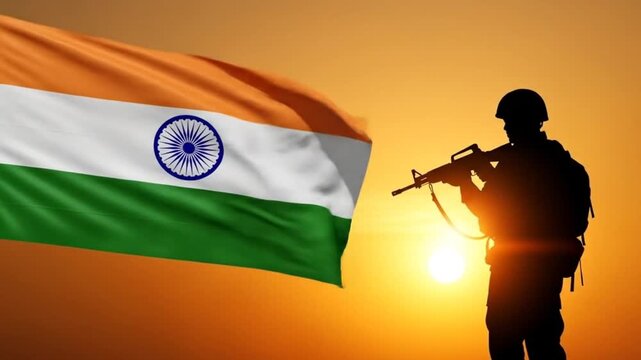 Silhouette of soldier with India flag on a background the sunset or the sunrise. Greeting card for Independence day, Republic