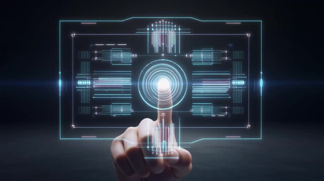 Human Finger Touches Futuristic Glowing Interface with Lens Flare Effect