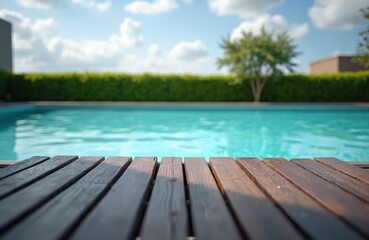 Fototapeta premium Empty wooden poolside deck by clear blue swimming pool. Sunny day with green hedge and trees. Serene water reflects blue sky and clouds. Relaxing resort ambiance.