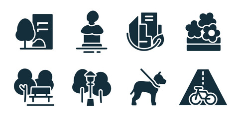 City park excellent icon collection. Set of park map, city monument, modern building, flower bed, park bench, street lamp, dog walking, bike road icons © stas111