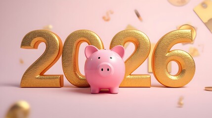 Gold 2026 numbers with pink piggy bank, financial savings concept for new year