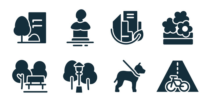 City park excellent icon collection. Set of park map, city monument, modern building, flower bed, park bench, street lamp, dog walking, bike road icons