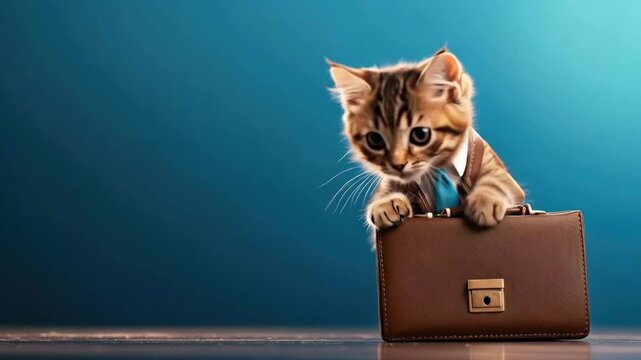 Adorable kitten in suit with tie in briefcase on blue background