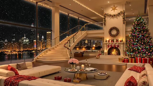 Modern penthouse interior with Christmas tree and grand staircase. Luxury home decoration with fireplace, gifts, and snowy city skyline night view.