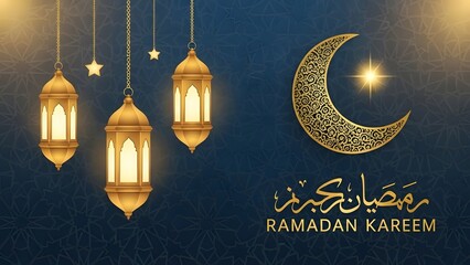 Ramadan Kareem greeting with crescent moon, lanterns, and Arabic calligraphy Islamic