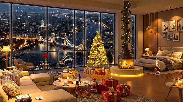 Luxury living room with Christmas tree and fireplace. Festive interior design with gifts and panoramic window view of London Tower Bridge at night.